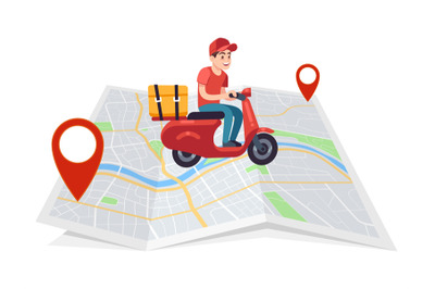 Express delivery. Motorcyclist courier on moped with box on city map,