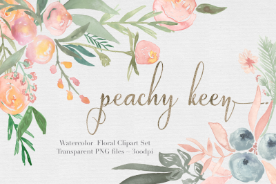 Peachy Keen Watercolor Floral clipart Set
