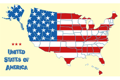 Map of the United States of America. Flag of USA throughout territory