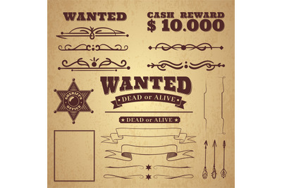 Wanted poster. Wild west vintage criminal search poster, borders and r