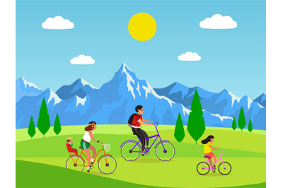 Family cycling. Active mom dad and kids riding bikes in mountains, out