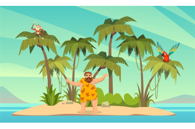 Robinson Crusoe. Man on desert island and palm trees with parrot and m