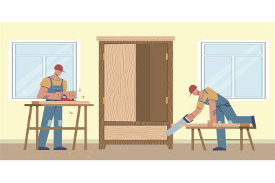 Work carpenter. Two workers sawing boards, making cabinet, home renova