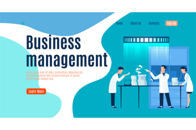 Business management landing page, men and woman in uniform work with d