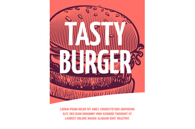 Fast food flyer. Tasty burger restaurant or cafe poster, hamburger han