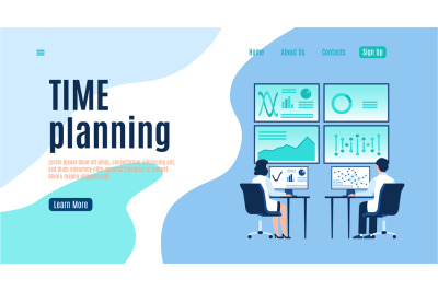 Time planning landing page, man and woman working at computers, optimi