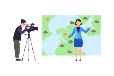 Weather forecast. Woman reporter standing on background of map with mi