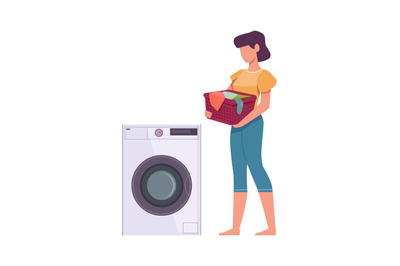 Woman washes clothes. Female character loading dresses in washing mach