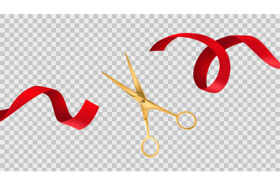 Gold scissors cut red ribbon. Grand opening ceremony, ceremonial celeb