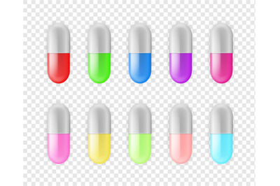 Pills collection with different colors. Realistic drugs or vitamins se