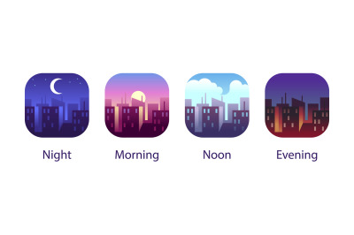 Different times of day. Night, morning, noon and evening in city lands