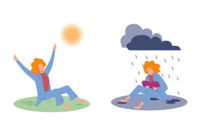 Joy and sadness. Sad woman under raining clouds and happy woman under