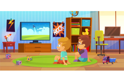 Kids watch tv. Children interior, child boy teenagers apartment, boys