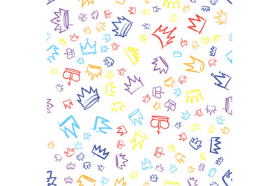 King crown sketches. Hand drawn seamless pattern with various crowns,