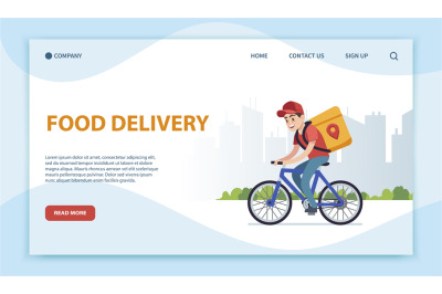 Food delivery landing page. Cyclist with box on background of cityscap