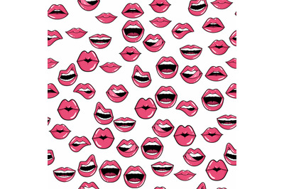 Lip seamless pattern. Female mouth with kiss, tongue and teeth, shapes