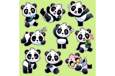 Set of stickers with cute pandas. Cute asian adorable bears in differe