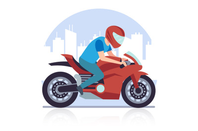 Sports racing motorcycle. Racer against backdrop of cityscape rushes a