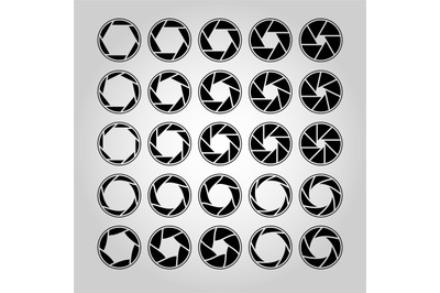 Camera lens diaphragm. Shutter aperture pictogram, optical lenses. Col