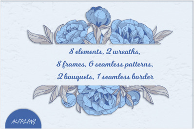Vector Clipart with blue peonies flowers