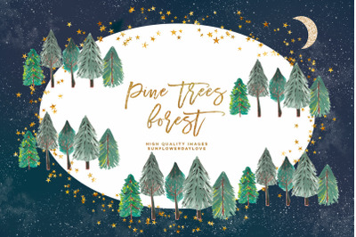 Pine trees forest, Christmas Winter Forest starry night clipart