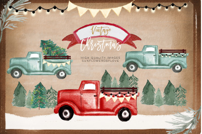 Red Truck PNG clipart, vintage christmas watercolor