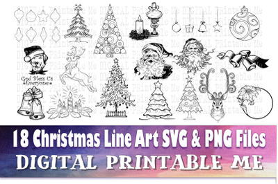 Christmas Line Art, SVG bundle, PNG,  Clip Art Pack , 18 Images, Pack,