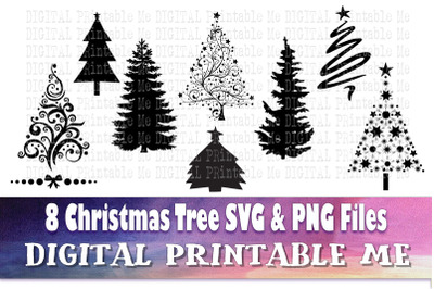 Christmas Tree Silhouette, SVG bundle, PNG,  Clip Art Pack, 8 Images,