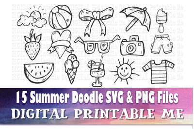 Summer Doodle, Clip Art bundle, SVG, PNG, 15 image pack, Instant Downl