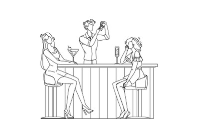 Barman Making Alcoholic Cocktail For Women Vector