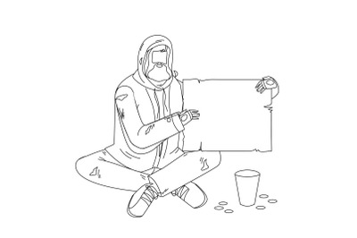 Beggar Sitting On Floor And Holding Carton Vector