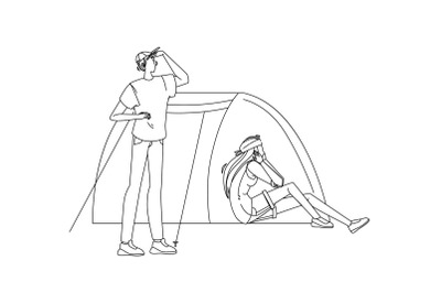 Campsite Tent And Tourists Man And Woman Vector