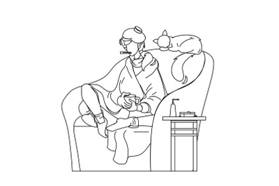 Flu Ill Girl In Armchair With Temperature Vector