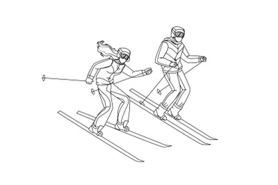 Man And Woman Skiing Downhill From Hill Vector