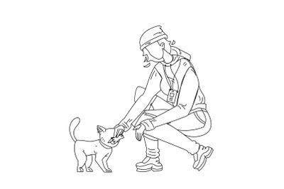 Woman Volunteer Feed Homeless Cat Vector Illustration