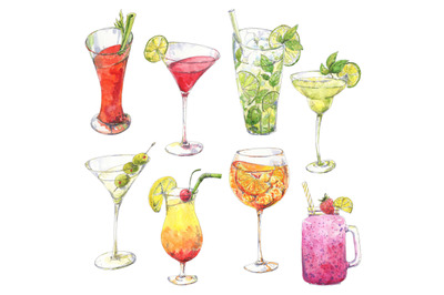 Cocktails set hand drawn in watercolor