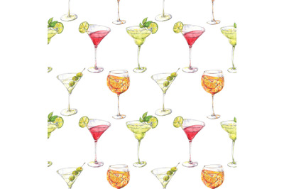Bright watercolor seamless pattern with cocktails