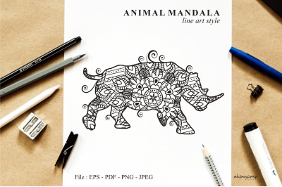 Rhino Mandala Vector Line Art Style