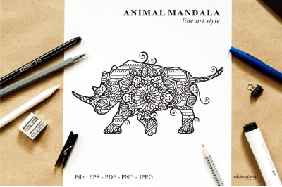 Rhino Mandala Vector Line Art Style