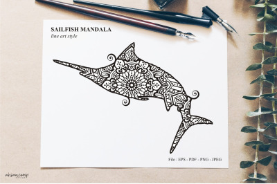 Sailfish Mandala Vector Line Art Style