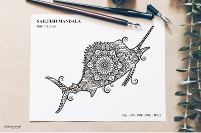 Sailfish Mandala Vector Line Art Style