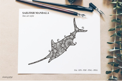 Sailfish Mandala Vector Line Art Style