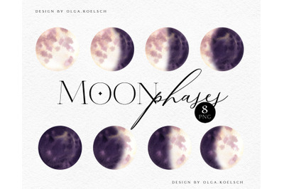 Watercolor moon phases clipart Modern celestial clipart Moon phases