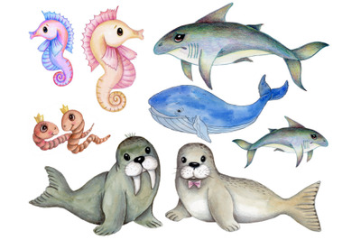 Sea animals. Hand drawn.