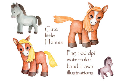 Cute Little Horses. Watercolor illustrations.