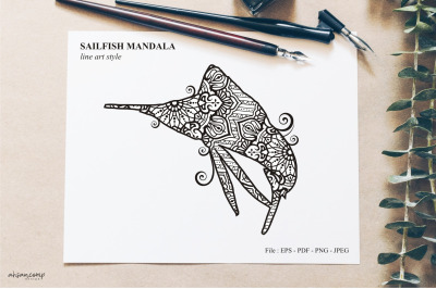 Sailfish Mandala Vector Line Art Style