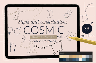 Cosmic Procreate stamps with astronomic signs and constellations