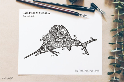 Sailfish Mandala Vector Line Art Style