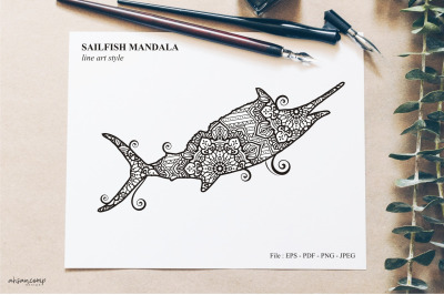 Sailfish Mandala Vector Line Art Style