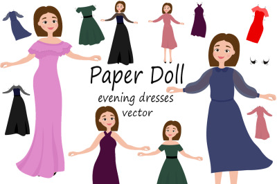 Paper doll with cutout clothes for evening dresses vector illustration